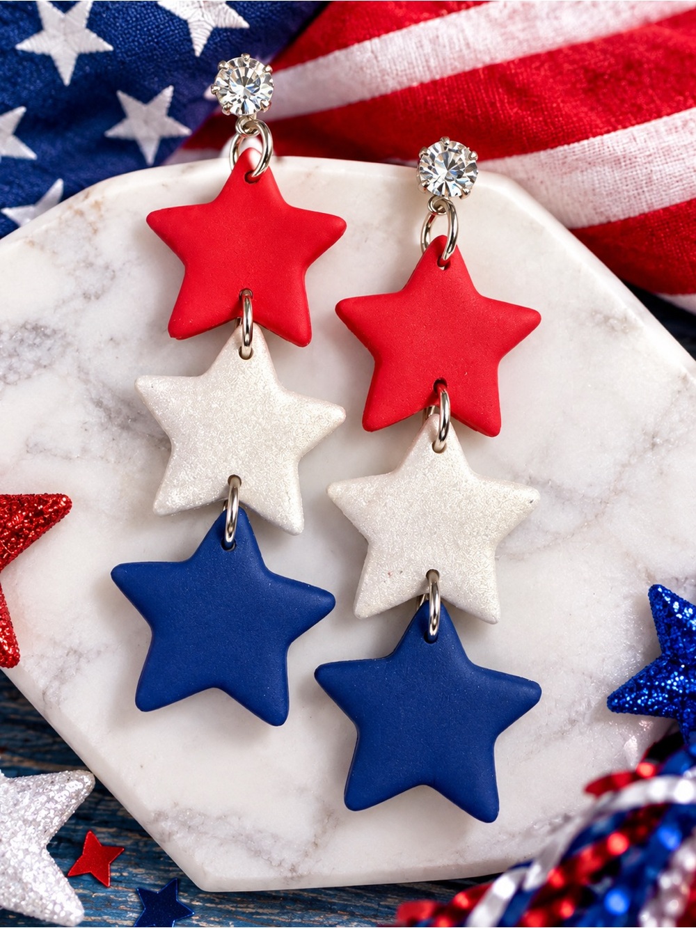 Patriotic Red White and Blue Star Dangle Handmade Clay Earrings